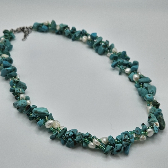 VINTAGE Turquoise and Pearl Braided Three Strand Necklace - Picture 3 of 6